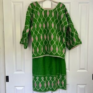 Traditional Indian Kaftan Skirt Set Green &‎ Pink Pattern Embroidery Size M/L